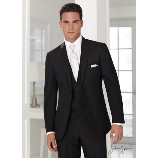 black suit black shirt white tie
